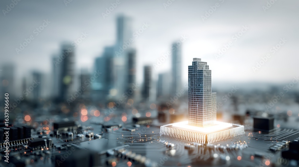 Poster futuristic cityscape on circuit board: modern architecture and technology integration concept for in