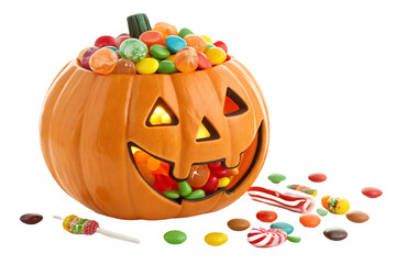 Orange carved pumpkin overflowing with colorful Halloween candy, jack-o'-lantern face glowing from inside, scattered sweets around, isolated on a transparent background