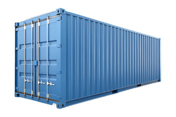 Blue shipping container with corrugated metal walls, double doors and locking mechanisms visible on front, isolated on a transparent background