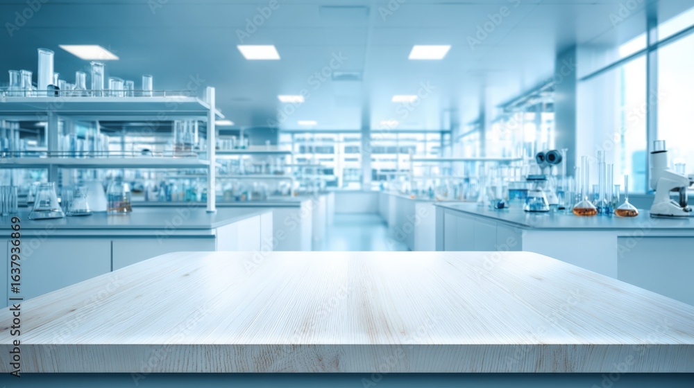 Poster modern laboratory background with empty countertop: ideal for science, research, and product mockups