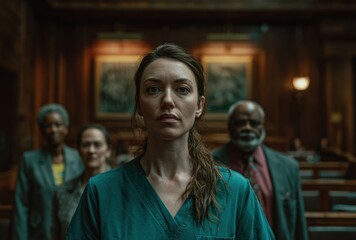 Obraz premium A determined individual stands confidently in a courtroom setting, surrounded by others, conveying a sense of seriousness and justice.
