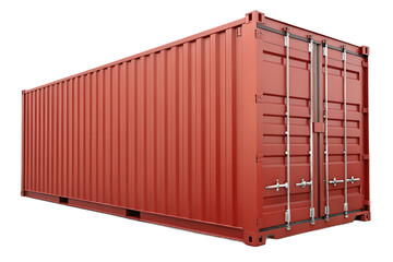Red shipping container displaying weathered appearance with industrial locking systems and corner posts, isolated on a transparent background