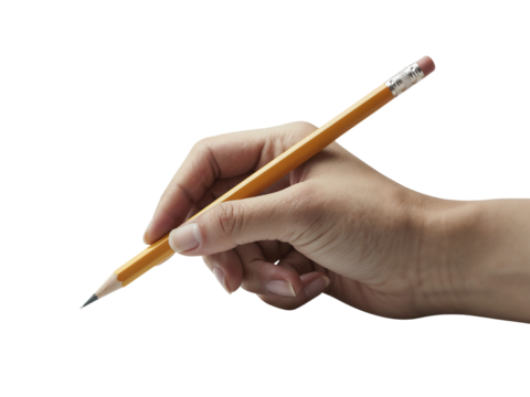 Realistic close-up of a human hand holding a sharpened yellow pencil with a graphite tip and silver eraser holder, ready to write or draw. - Powered by Adobe