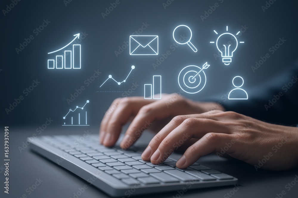 Poster digital marketing strategy: hands typing on keyboard with data analytics and business growth icons