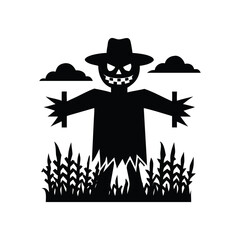 Spooky silhouette scarecrow with jack o lantern face amidst corn stalks isolated on white background isolated on transparent background