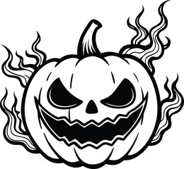 Spooky carved pumpkin with glowing eyes and wisps of smoke isolated on white background isolated on transparent background