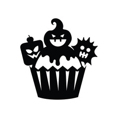 Spooky halloween cupcake silhouette with pumpkin ghost and monster decorations isolated on white background isolated on transparent background