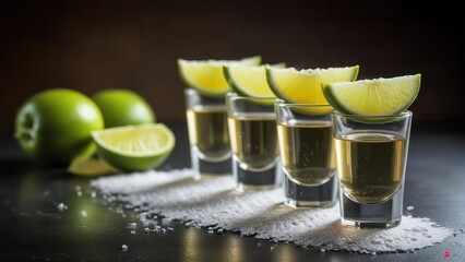 A single lime wedge placed artfully next to three glasses of tequila with salt on the rim