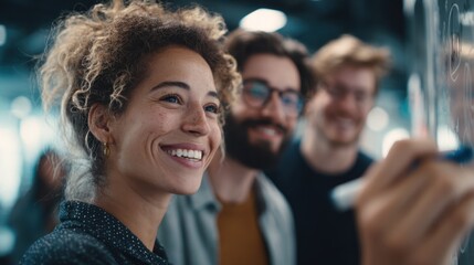 Obraz premium A diverse group of colleagues collaborate enthusiastically, brainstorming ideas together with smiles and focused attention in a modern environment.