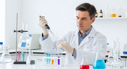 Scientist in lab coat using pipette with colorful liquids in test tubes