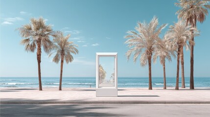 Tropical Beach with Palms and Modern Structure Under Blue Skies, Ideal for Summer Promotions