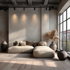 modern loft living room with a pebble-stone feature wall, low-profile linen sofa in sand beige, oversized ceramic pots filled with pampas and dried palm leaves, slim matte-black track lights, soft aft