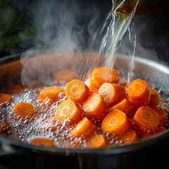 Chopped carrots plunging into a pot of boiling water, steam rising, bubbles bursting at the surface, kitchen action shot 