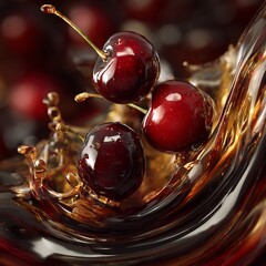 Ripe cherries falling into a jar of dark maple syrup, thick liquid swirling, rich red and deep brown colors blending, high-detail macro photo 