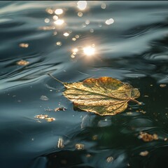 The leaf on the water and the dynamic reflection of the sun's rays on it are in sharp focus. The overall atmosphere is a very calm atmosphere. 