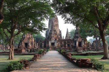 Ancient Ayutthaya Temple Ruins with Thailand, and Framed by Lush Trees on a Sunny Day.