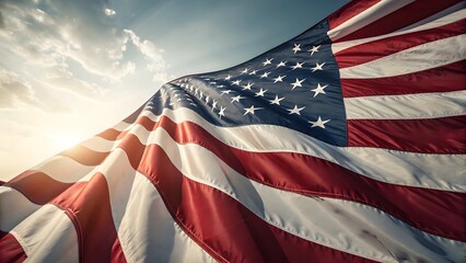 American flag waving in the sunlit sky