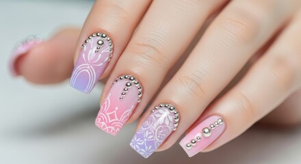 Elegant ombre manicure design with rhinestones on hand