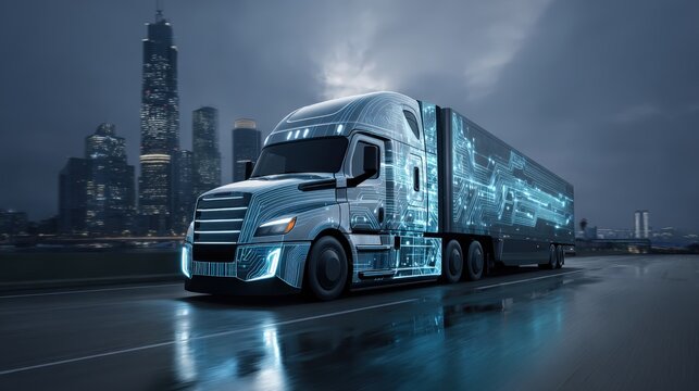 Fototapeta Futuristic Semi Truck Delivering Innovation on Cityscape Background - Modern Transport and Logistics Concept