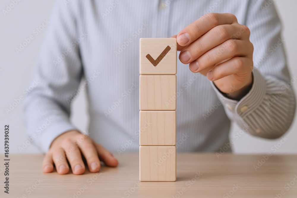 Poster approval concept: hand placing wooden block with check mark on a stack of four blocks