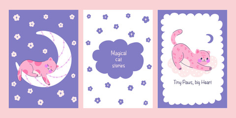 Collection posters with adorable kittens, moon, clouds, flower