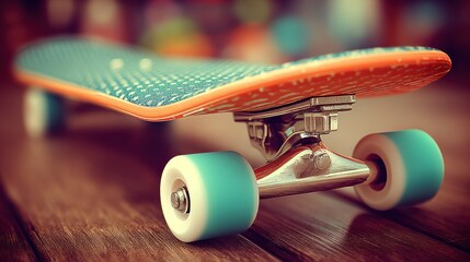 Skateboard resting on wood floor, showing bright wheels, deck, and trucks