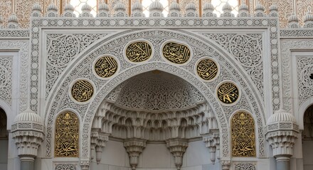 Sacred Geometry: Ornate Marble Arch with Gilded Calligraphy and Muqarnas Vaulting