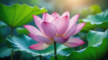 Obraz premium Close-up shot of delicate pink lotus petals unfolding from the center of a water lily stem