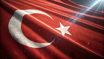 Close up of the turkish flag with a bright light shining on it