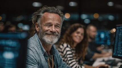 Fototapeta premium Smiling older man at computer, office setting, coworkers visible