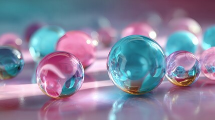 transparent liquid glass spheres with pastel pink and cyan glow, airy composition, photorealistic 3d render, glossy texture, abstract design, luxury background 