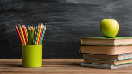 Back to school concept featuring a stack of books, green apple, and colorful pencils on a wooden desk