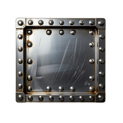 Fototapeta premium a rusted, riveted metal plate with a darkly reflective surface displaying subtle scratches and a faint signature in the lower right corner.
