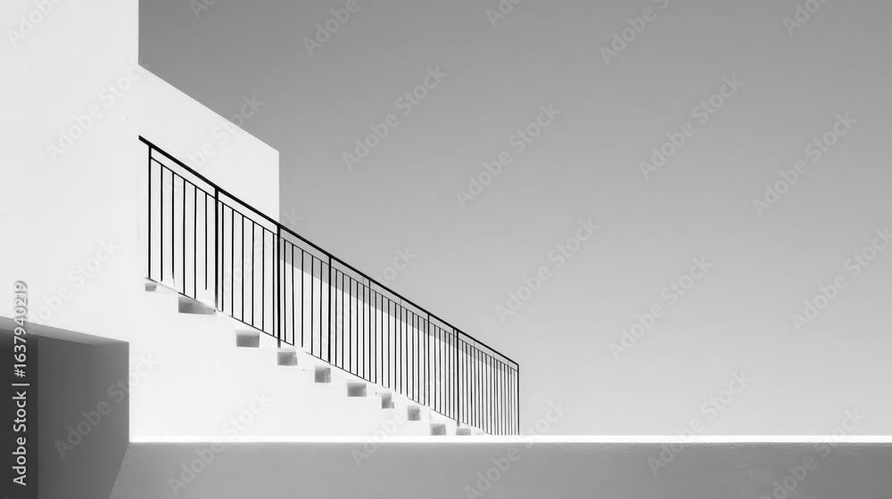 Poster minimalist architecture staircase in white and gray, featuring clean lines and geometric forms