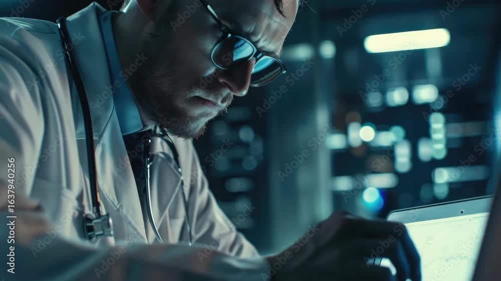 Poster scientific professional working on computer, analyzing medical information in a high-tech lab enviro