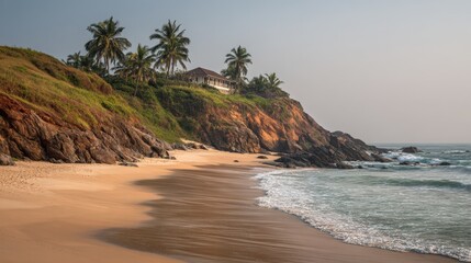 Obraz premium Idyllic Beach Scenery with Palm Trees and Coastal Home, Perfect for Travel and Vacation Concepts