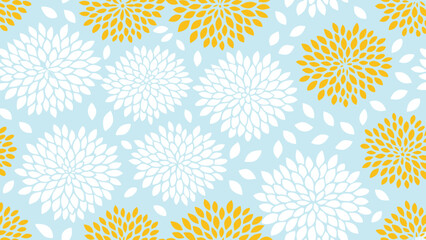 Floral pattern with white and yellow dahlia flowers on a light blue background in a seamless design