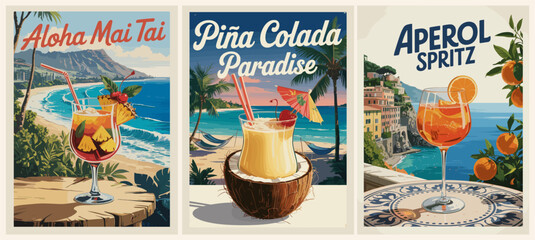 Set of retro cocktail posters featuring Mai Tai in Hawaii, Pina Colada in Dominicana and Aperol Spritz in Italy. Vintage vector style blending classic drinks with iconic travel scenes
