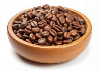 Fototapeta premium Freshly brewed coffee beans in a shallow wooden bowl on a white background
