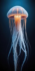 Jellyfish floating in dark blue ocean waters with Chrysaora plocamia species on black background