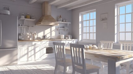 Sunlit, white kitchen with wooden accents, table, chairs, and open shelving