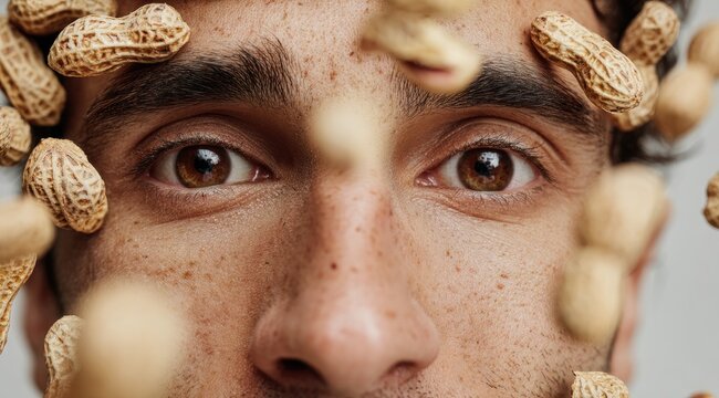 Close-up of a man's face, surrounded by peanuts