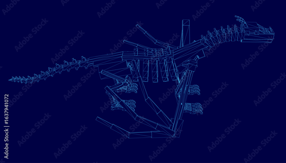 Poster a 3d model of a dinosaur skeleton with low-poly wireframe design stands on a blue background. the de