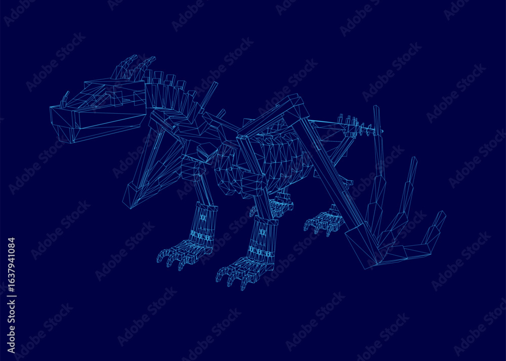 Poster a 3d wireframe t-rex composed of low poly shapes and lines stands against a blue background. the int