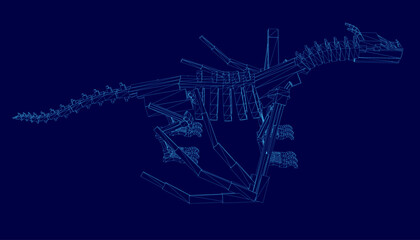 A 3D model of a dinosaur skeleton with low-poly wireframe design stands on a blue background. The detailed structure features interconnected shapes and lines, resembling a dragon.