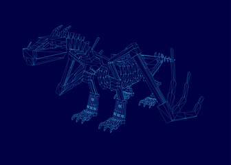 A 3D wireframe T-Rex composed of low poly shapes and lines stands against a blue background. The intricate design highlights the dinosaur's structure with geometric precision.
