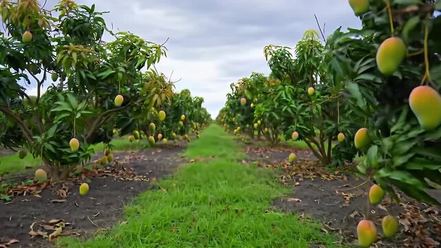 Lush Mango Orchard Featuring Rows of Fruit Trees and Ripe Mangoes Under an Overcast Sky