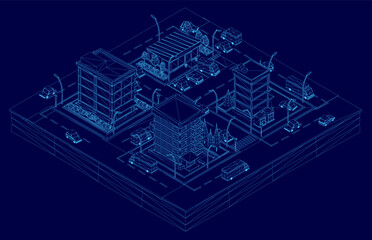 A low poly wireframe blueprint of a city building on a blue background, showcasing architectural details and structural design. The geometric lines create a modern aesthetic with clean edges.