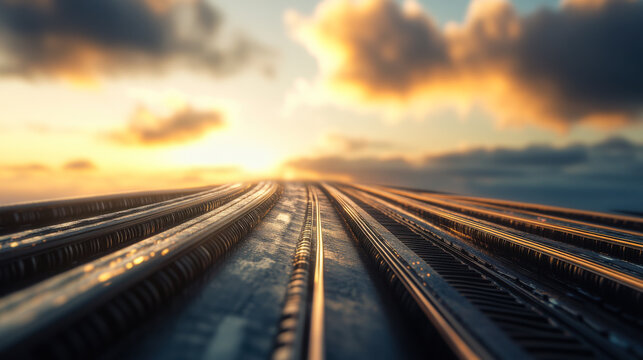 Sunset casts a warm glow over railway tracks stretching into the horizon