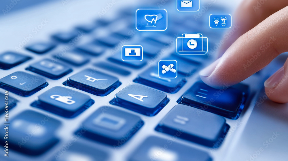Poster person interacting with a laptop keyboard and digital icons representing various applications and da